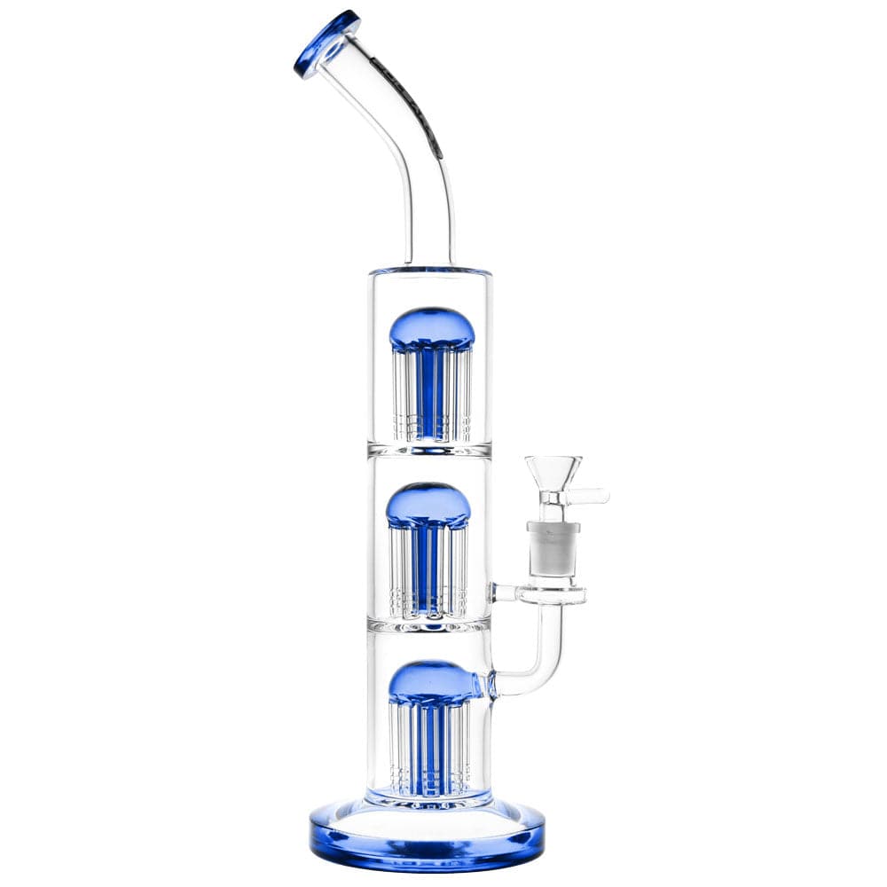Straight-on studio shot of the Pulsar Triple Jellyfish Perc Bong showing three stacked blue jellyfish percs inside a clear glass tube with a curved mouthpiece and blue-rimmed base.