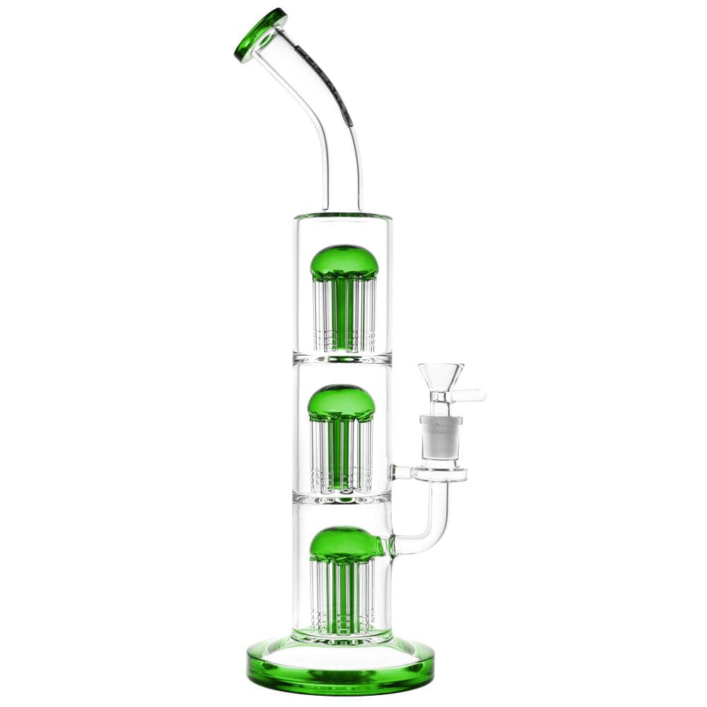 Straight-on view of the Pulsar Triple Jellyfish Perc Bong showing three stacked green jellyfish percs inside a clear glass tube.