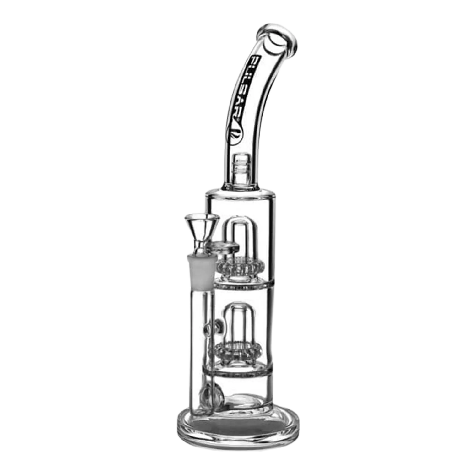 Right-side view of the clear Pulsar Double Showerhead Bong showing its stacked percolators and curved neck with logo.