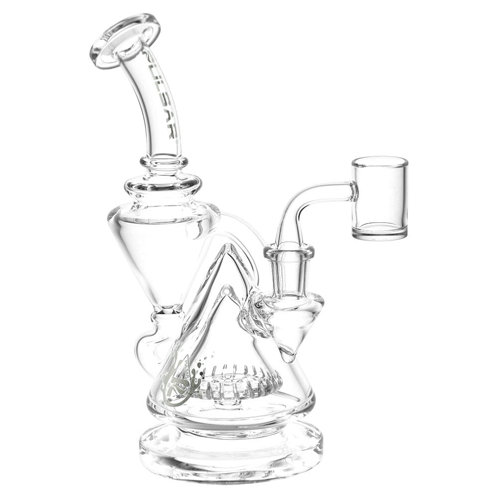 Angled studio shot of the clear Pulsar Pyramid Baller Recycler Rig - 8" / 14Mm F / Clear showing its pyramid-shaped recycler chamber, curved mouthpiece, and side banger.