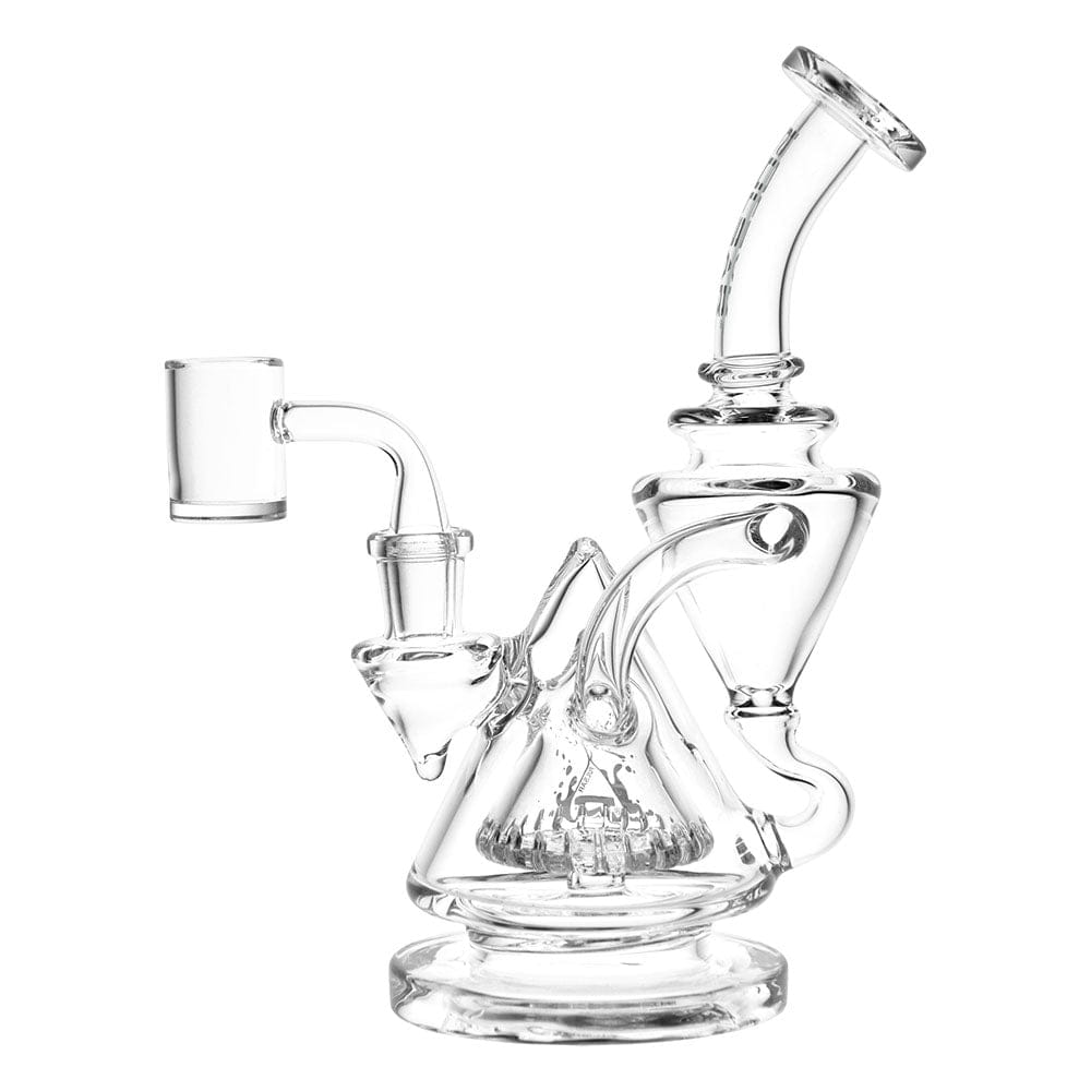 Studio-style front view of the clear Pulsar Pyramid Baller Recycler Rig - 8" / 14Mm F / Clear showing its angled mouthpiece, conical chambers, and domed percolator on a white background