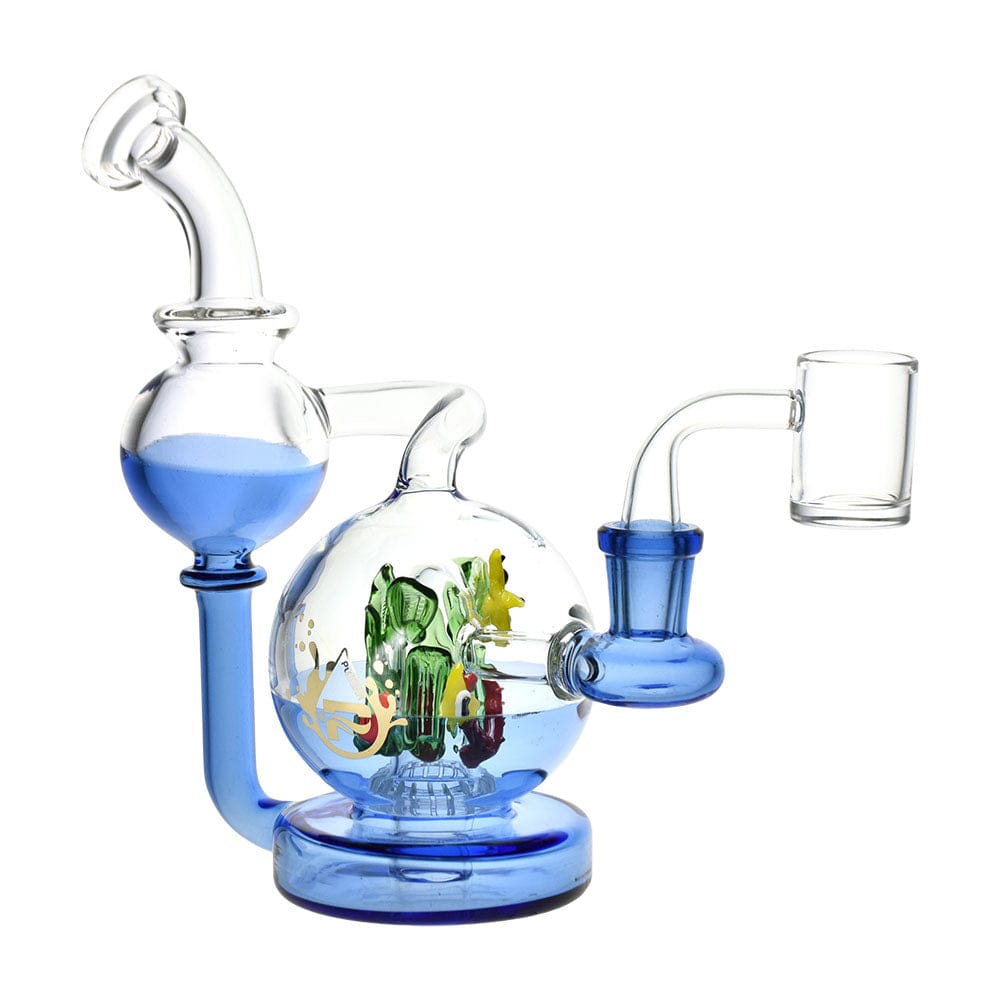 Front three-quarter view of the Pulsar Sea Globe Recycler Dab Rig - 7" / 14Mm F featuring a blue-tinted spherical recycler chamber with internal green and yellow glass accents on a white background