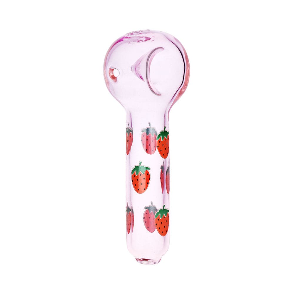 Centered front view of a pink Pulsar Fruit Series Strawberry Cough Herb Pipe Glow Duo - 10" / 14Mm F with repeating strawberry decals on a white background