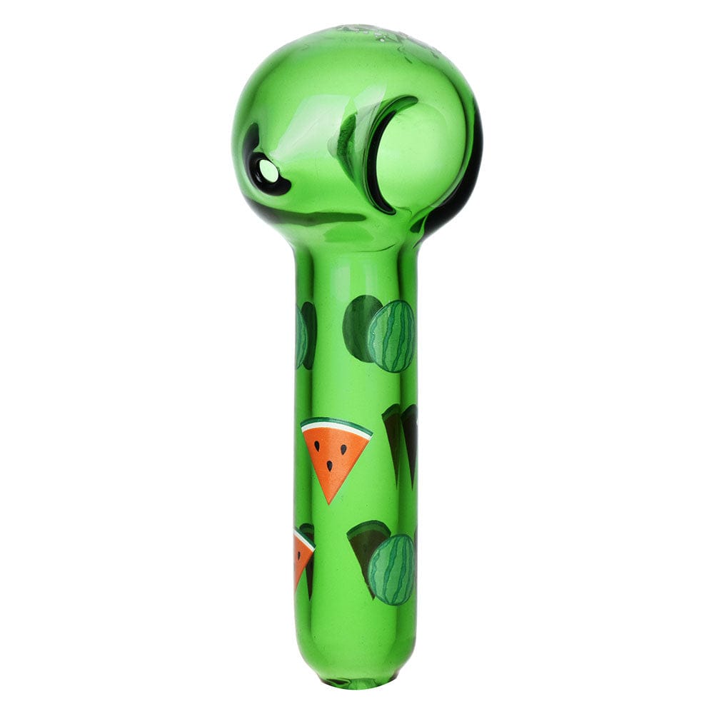 Centered front view of the Pulsar Fruit Series Watermelon Zkittles Herb Pipe Glow Duo - 10" / 14Mm F showing a glossy green spoon bowl with painted watermelon slices on a white background