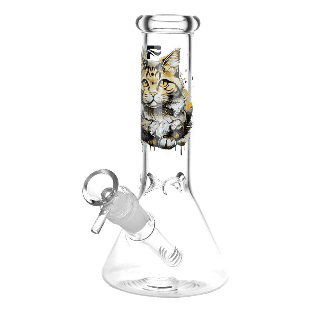 Front view of the Pulsar Majestic Cat Glass Bong - 7.75" / 14Mm F featuring a painted tabby cat portrait on the straight neck against a white background