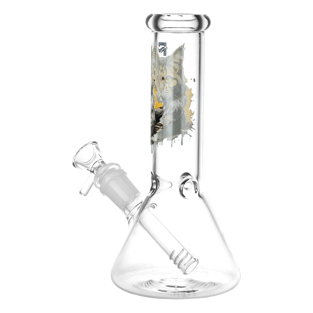 Straight-on view of the Pulsar Majestic Cat Glass Bong - 7.75" / 14Mm F" showing its clear beaker body with a painted cat portrait on the neck and angled downstem.