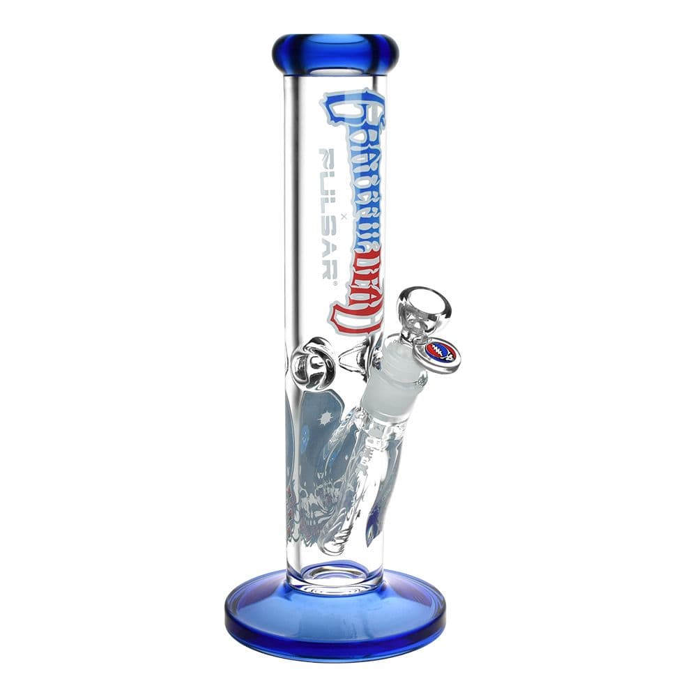 Straight-on view of the Grateful Dead X Pulsar Space Your Face Straight Tube Glass Bong - 11.75" / 14Mm F featuring clear glass with blue-rimmed mouthpiece and base and angled downstem.