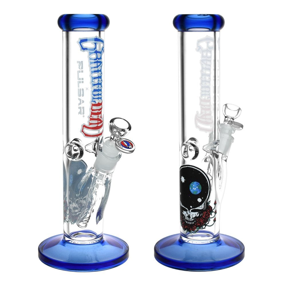 Front view of the Grateful Dead X Pulsar Space Your Face Straight Tube Glass Bong - 11.75" / 14Mm F, two clear straight tubes with blue-rimmed mouthpieces and bases showing skull and logo decals.