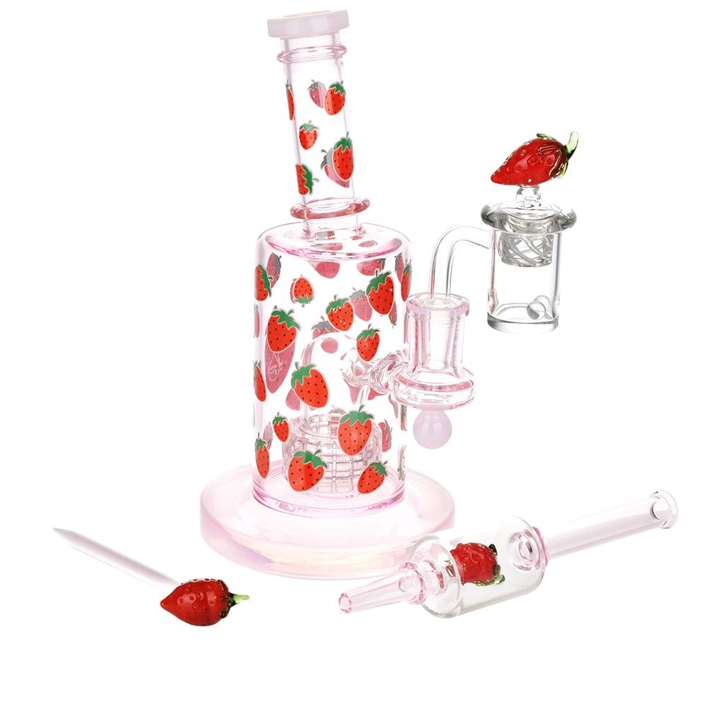 Angled front view of the Pulsar Fruit Series Strawberry Cough Glow In The Dark Dab Rig Kit - 8" / 14Mm F decorated with red strawberry decals.