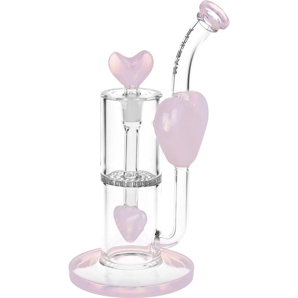 Front three-quarter view of the Pulsar Hearts On Hearts Recycler Water Pipe - 8.25" / 14Mm F" showing clear glass with pale pink heart accents, curved mouthpiece, and double-chamber recycler on a white background