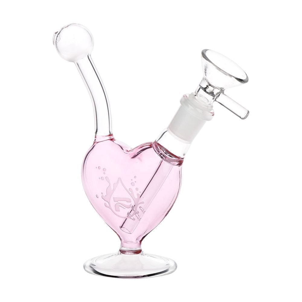 Angled front view of the Pulsar Big Heart Glass Water Pipe - 5.5" / 14Mm F in pink heart-shaped glass on a white background.