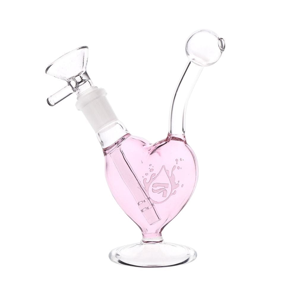 Angled front view of the Pulsar Big Heart Glass Water Pipe - 5.5" / 14Mm F, a small pink heart-shaped glass water pipe on a white background.