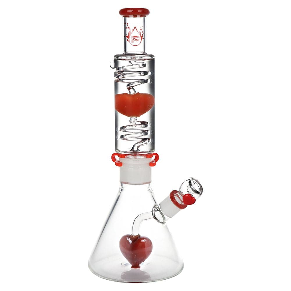 Straight-on view of the Pulsar Love Heart Beat Glycerin Beaker Glass Water Pipe - 14" / 19Mm F with red heart accents.