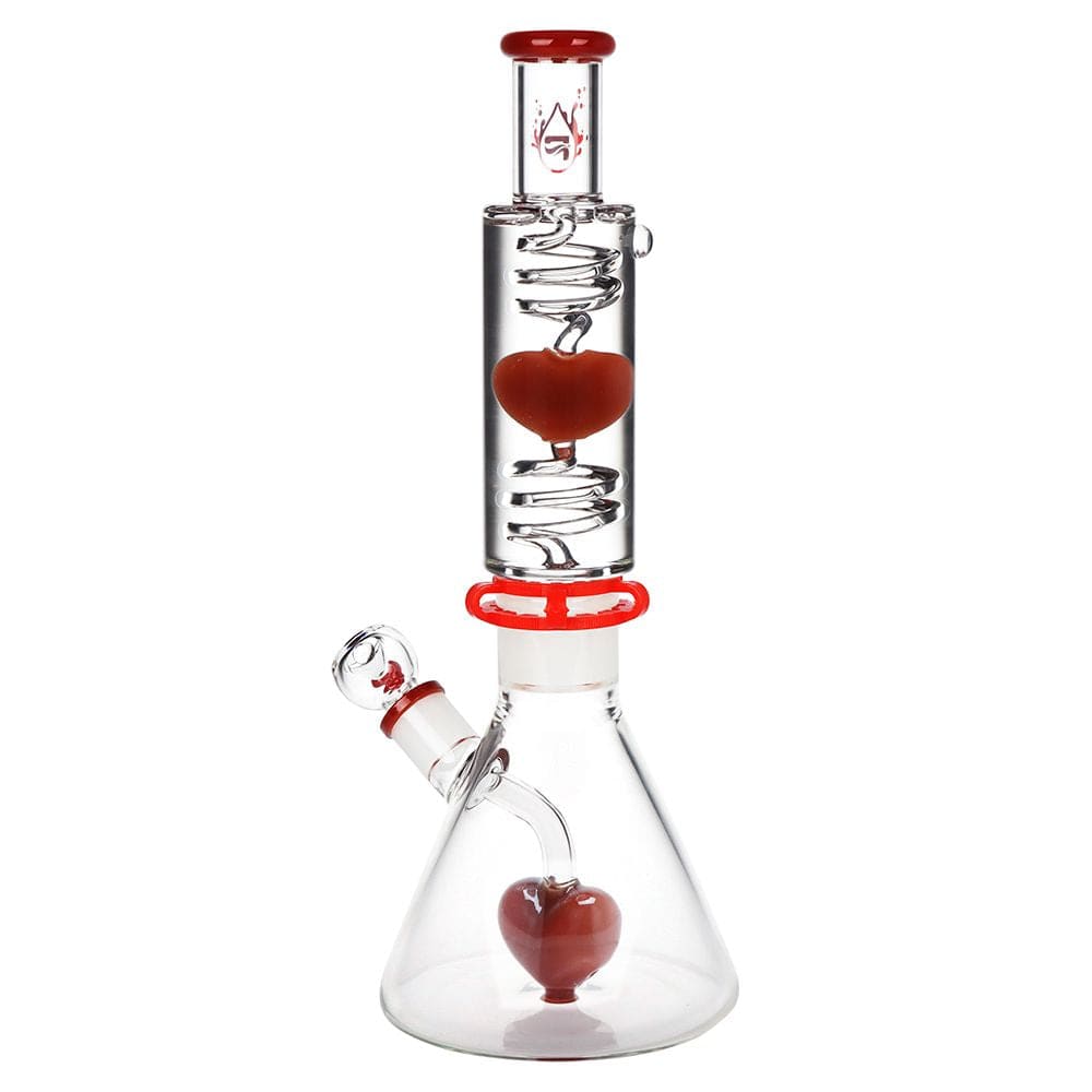 Front view of the Pulsar Love Heart Beat Glycerin Beaker Glass Water Pipe - 14" / 19Mm F showing clear glass with red heart inserts in the chamber and base.
