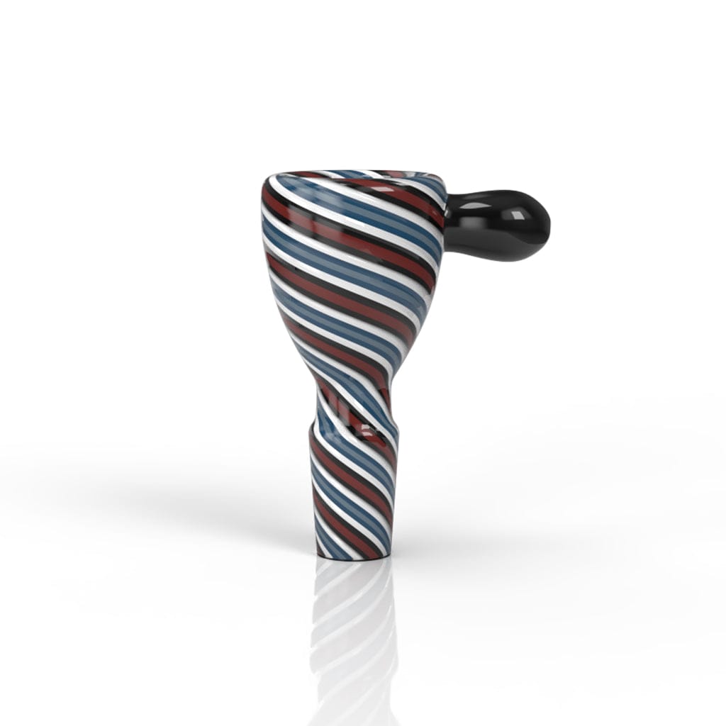 Centered front view of the Honeybee Herb Glass Flower Bowl (Fb-7) showing a striped blue, red, white twisted glass body with a glossy black side handle.