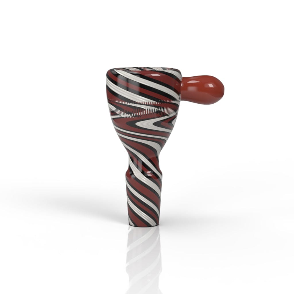 Centered front view of the Honeybee Herb Glass Flower Bowl (Fb-7) showing a red, black, and white swirled glass bowl with a solid red side handle on a white background