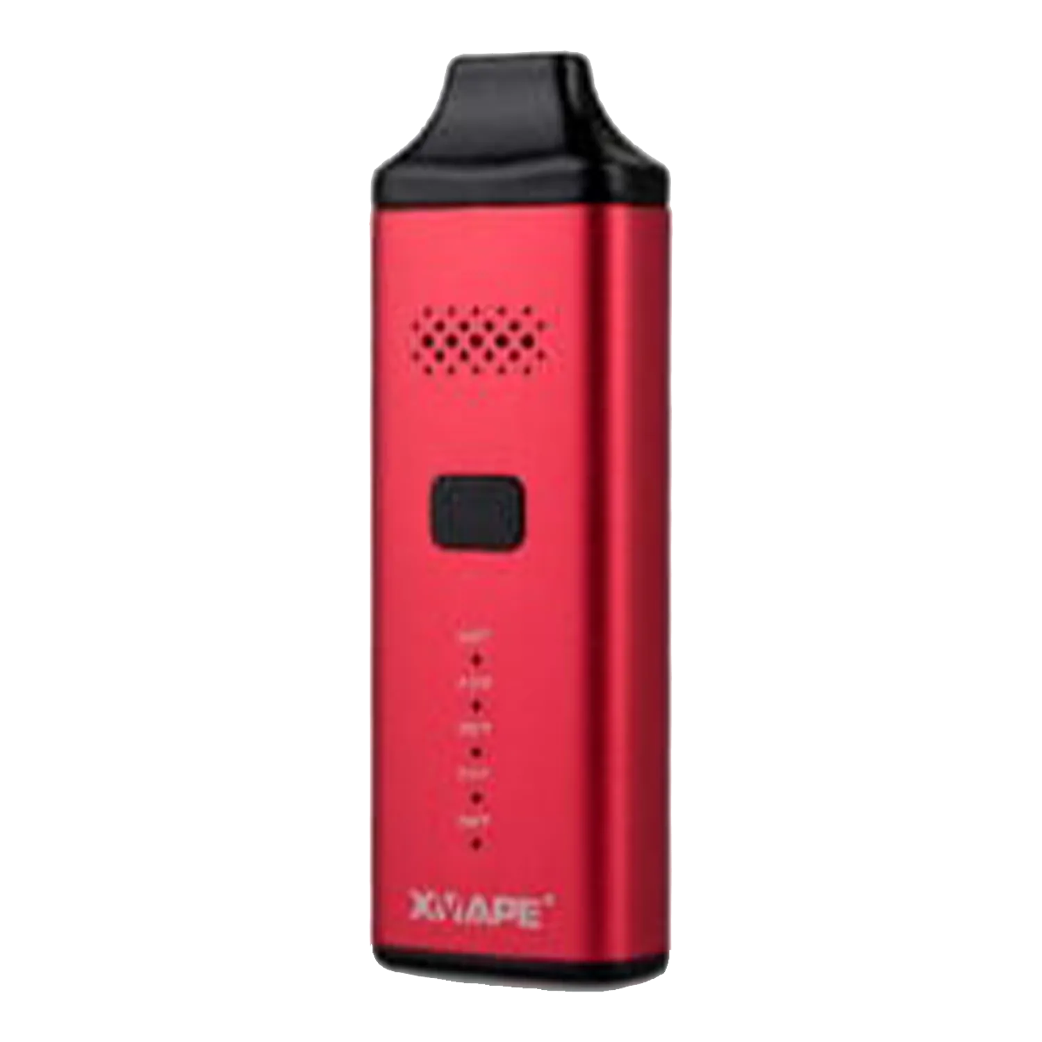 Close-up front view of a red Xvape Avant device with a black mouthpiece, square button, and vertical LED indicator lights.