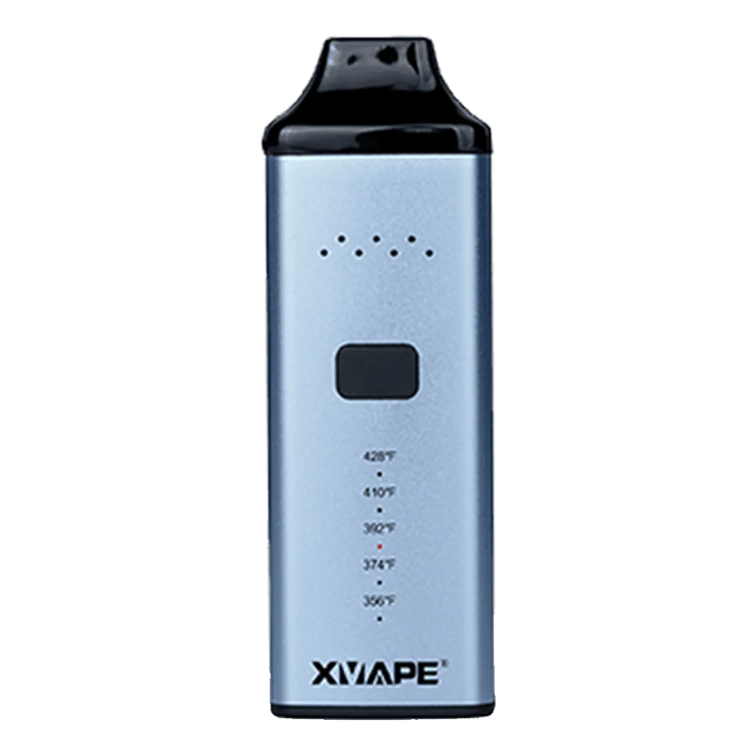 Centered front view of a black-topped Xvape Avant pod device against a white background, showing its rectangular power button, temperature indicator dots, and XVAPE logo.