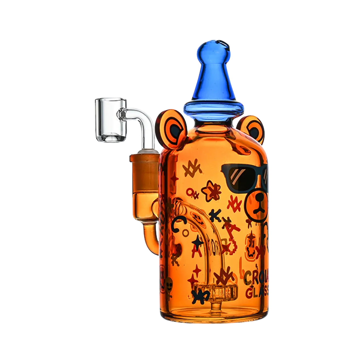 Three-quarter view of the amber Croia Glass Cool Teddy Bear Dab Rig with Showerhead Perc showing its blue top, bear-ear accents, printed sunglasses face, and clear side banger.
