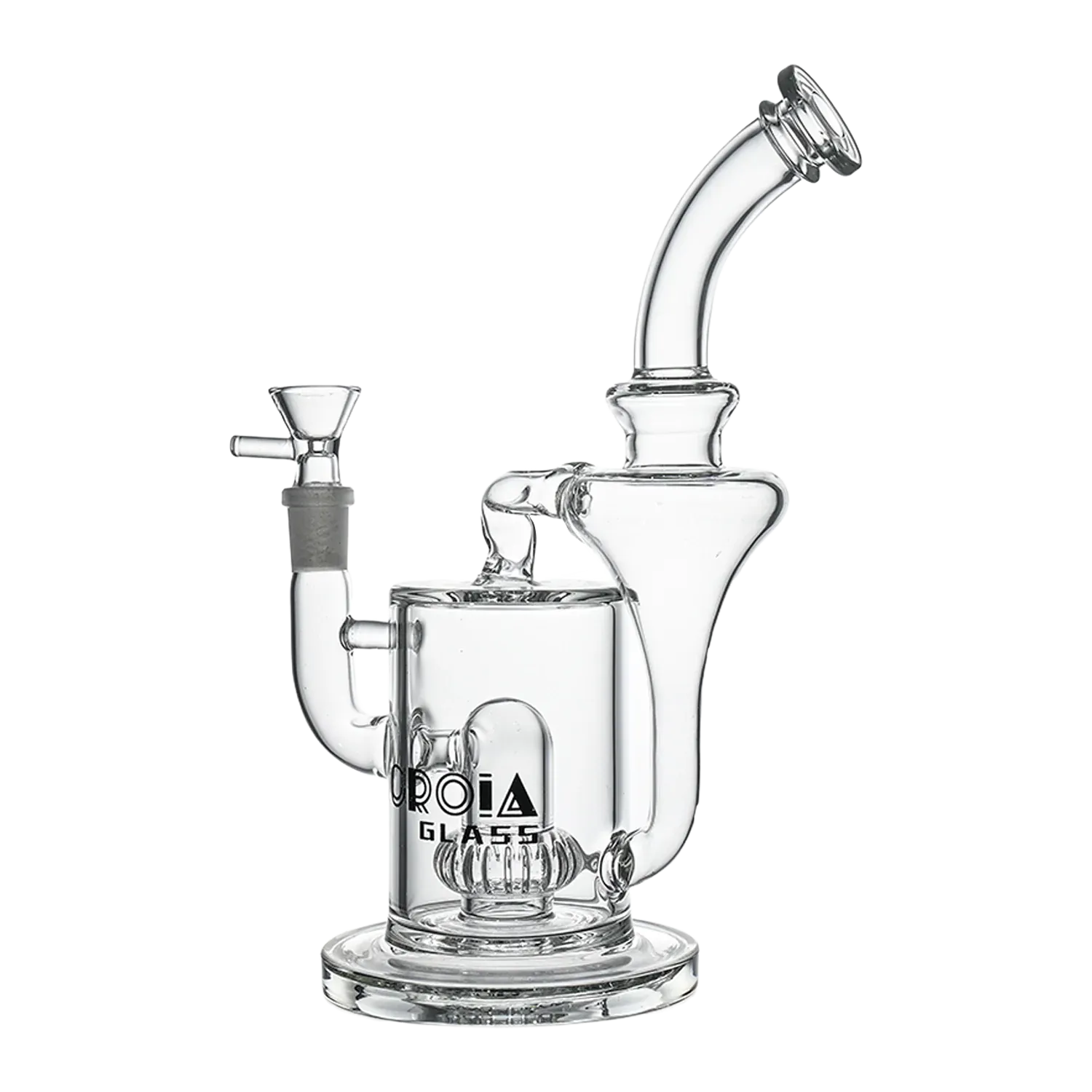 Side view of the clear Croia Glass 10" Hourglass Recycler Scientific Bong with Crown Perc showing its angled mouthpiece, cylindrical recycler chamber and visible crown percolator.