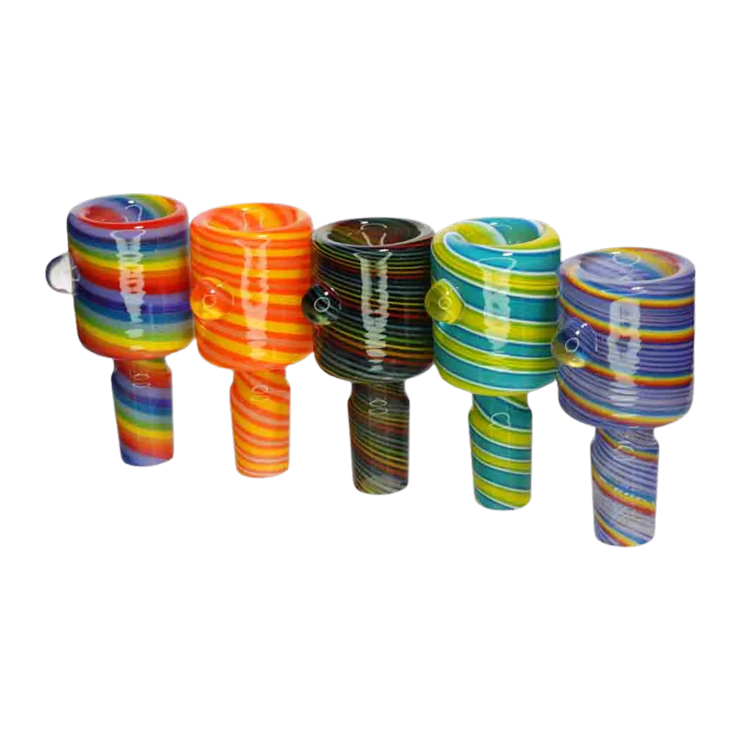 Row of five colorful, striped glass pieces shown front-on, the DHC Fully Wrapped Striped Bowl - 14mm | Assorted Colors displayed in rainbow, orange, black, teal, and purple variants.