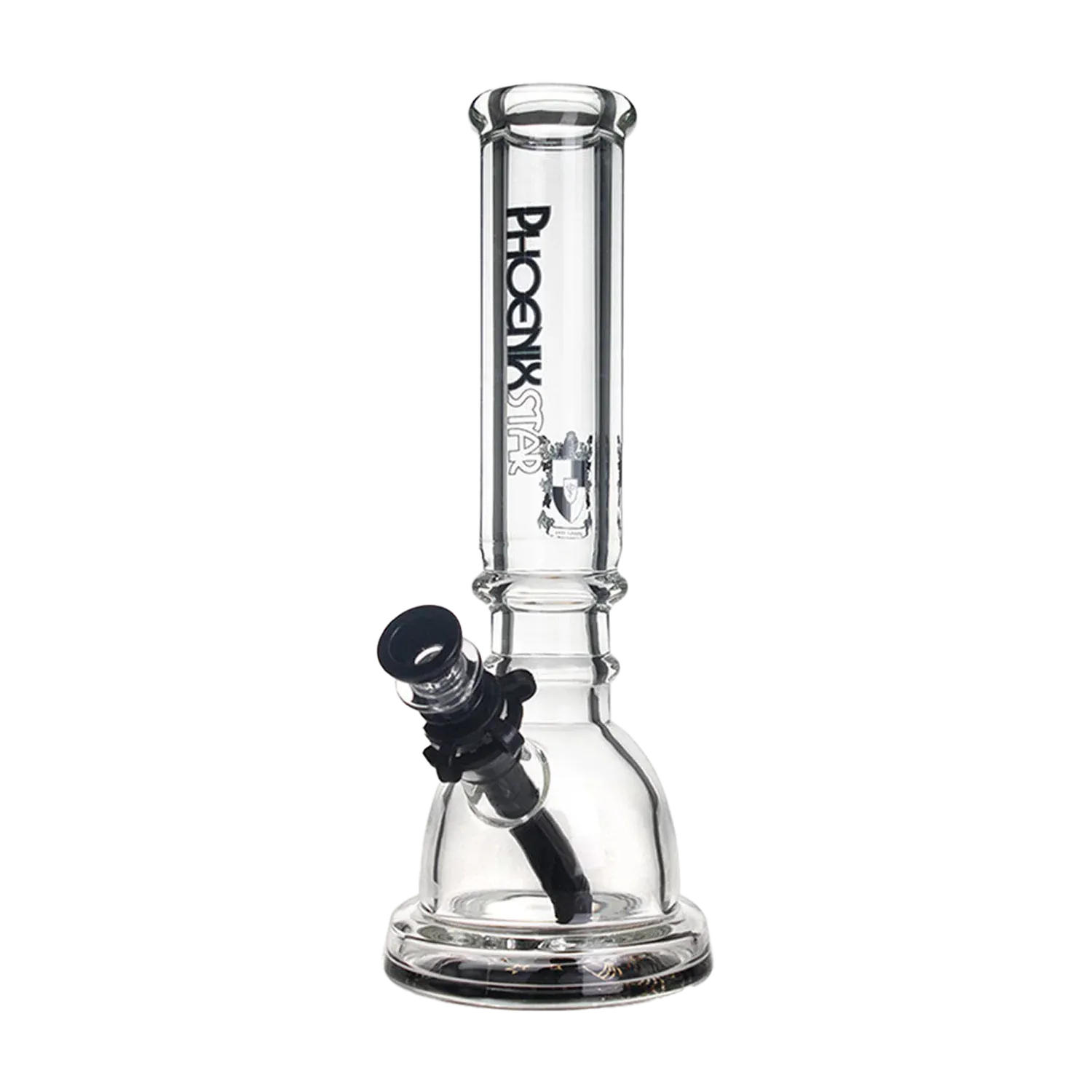 Vertical close-up of the Green Flower Phoenix Star 7Mm Glass 12 Inches Beaker Bong With Wide Base showing the clear glass neck, black downstem and bowl at a slight left angle.