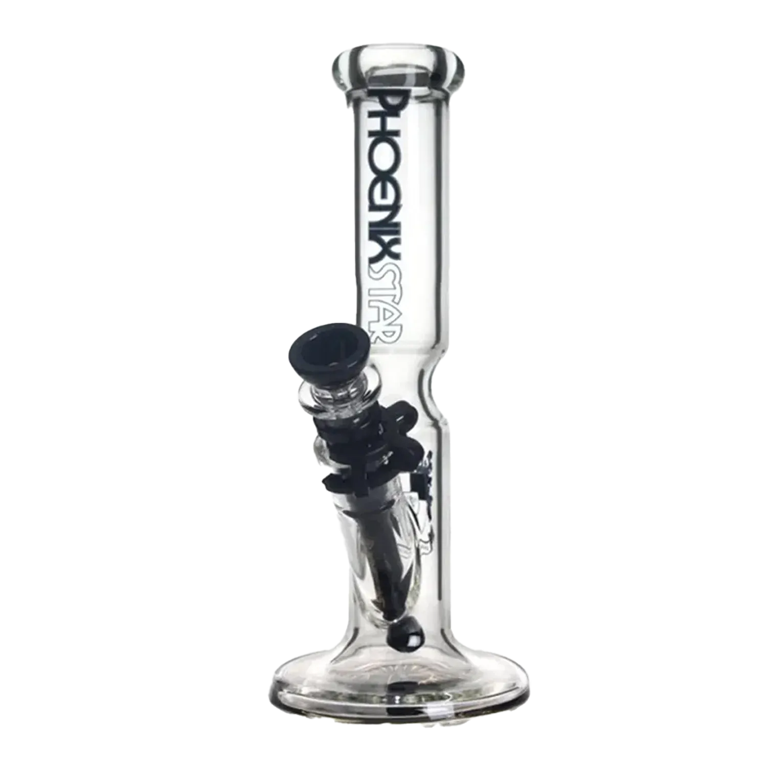 Straight-on view of the Green Flower Phoenix Star Straight 10 Inches Bong showing the clear glass tube, black bowl and downstem, and vertical logo on a white background