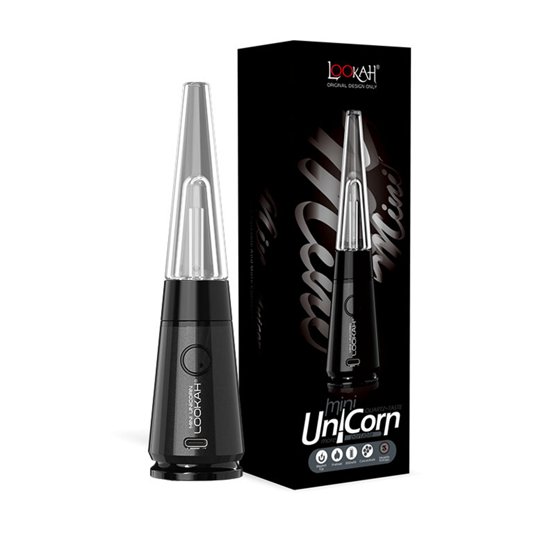 Front three-quarter view of the black Lookah Mini Unicorn Vaporizer standing beside its tall black retail box on a white background.