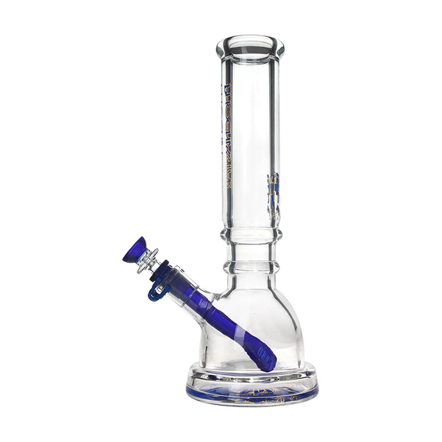 Right-side view of the Green Flower Phoenix Star 7Mm Glass 12 Inches Beaker Bong With Wide Base showing a clear glass neck and beaker body with a tilted blue downstem and bowl.