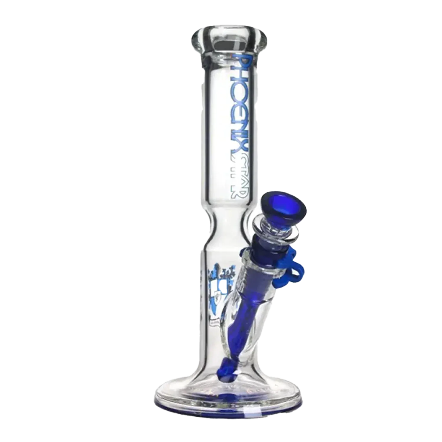 Straight-on view of the Green Flower Phoenix Star Straight 10 Inches Bong showing its clear glass tube with a blue-accented downstem and bowl against a white background