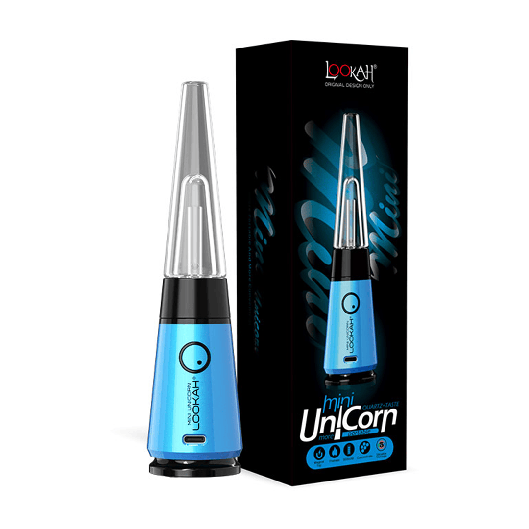 Front-angle shot of a blue Lookah Mini Unicorn Vaporizer standing beside its black product box on a white background.