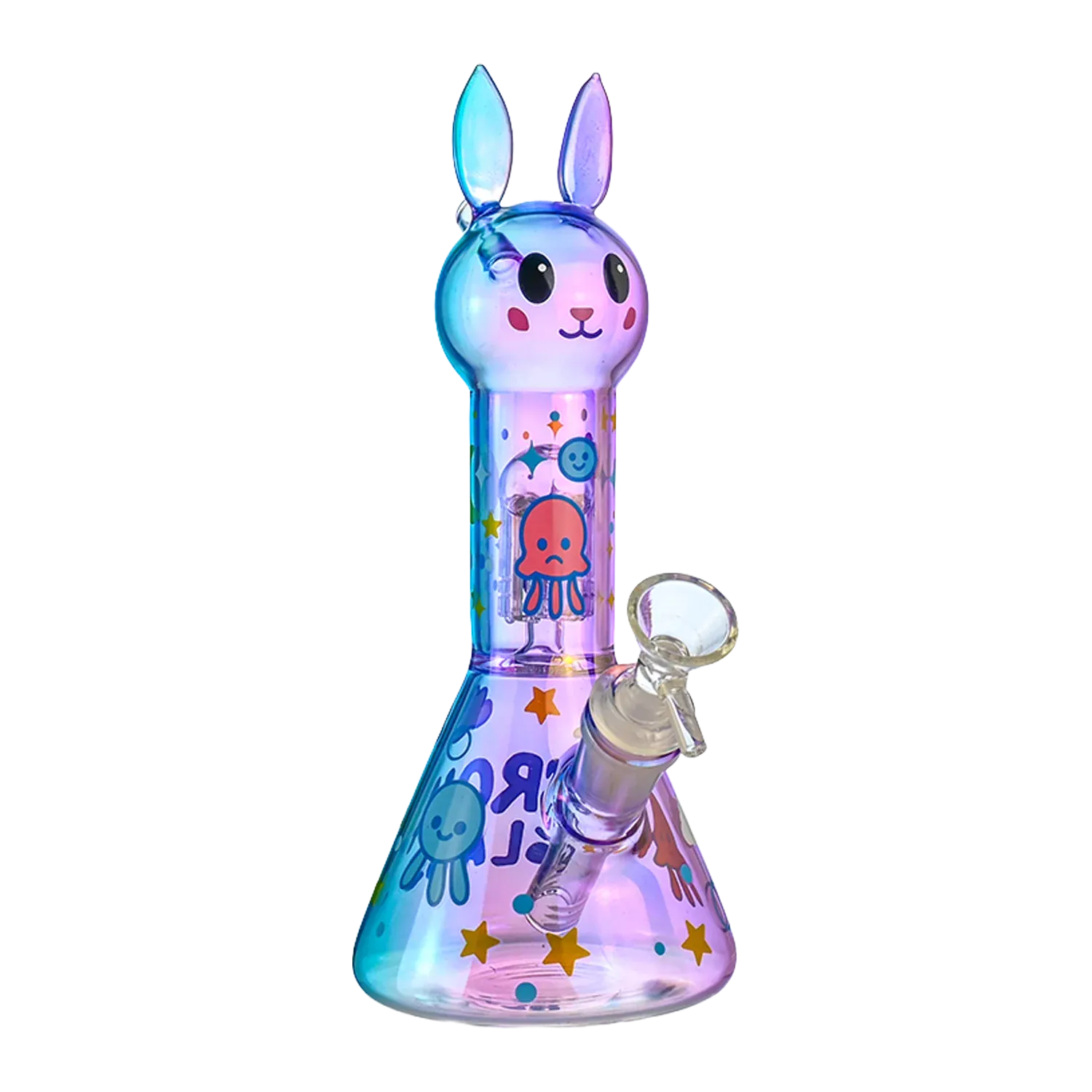 Front three-quarter view of the Croia Glass Cute Bunny Beaker Bong with Tree Perc | Croia Glass showing a pastel iridescent bunny head mouthpiece, printed octopus and star motifs, and the clear angled bowl.