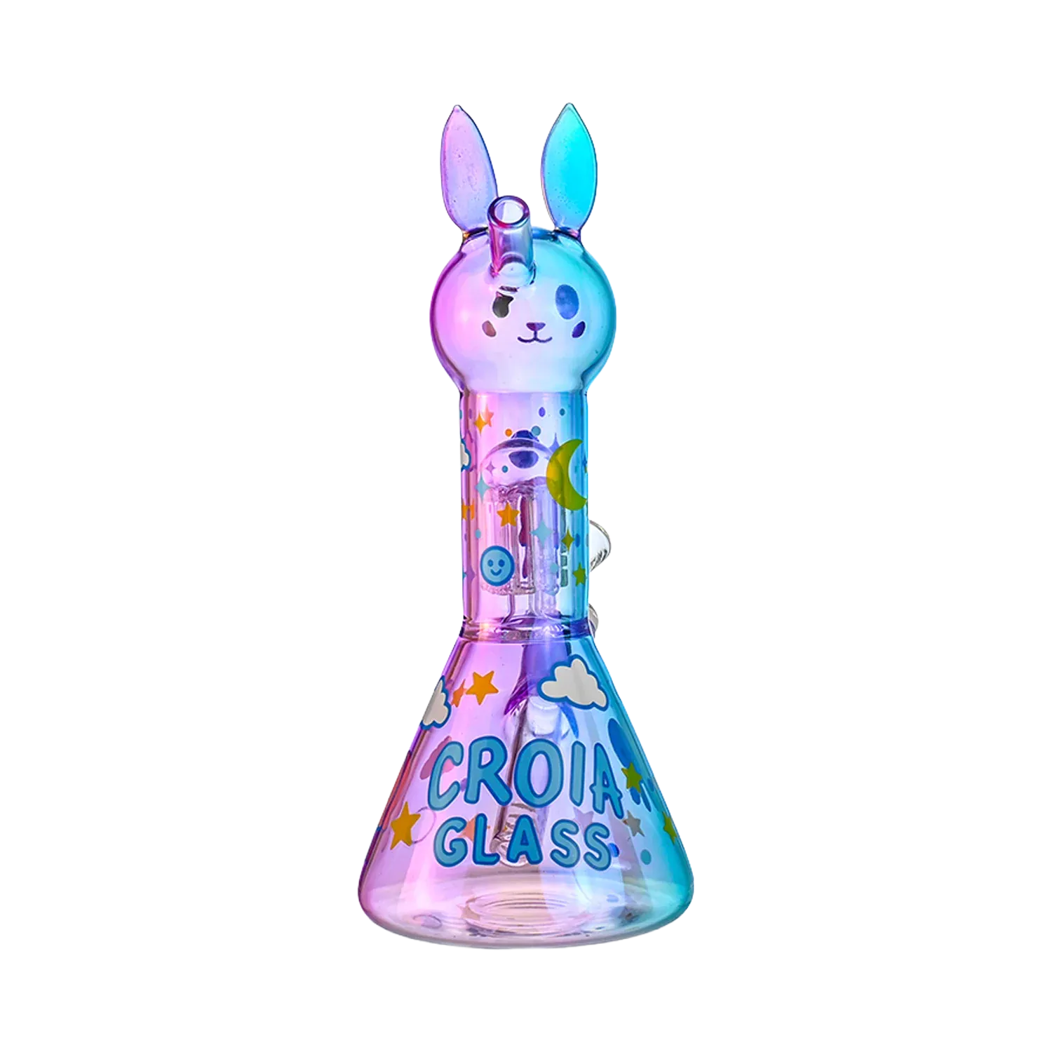 Front-facing shot of the Croia Glass Cute Bunny Beaker Bong with Tree Perc | Croia Glass showing a rainbow-hued bunny head mouthpiece and decorated beaker.