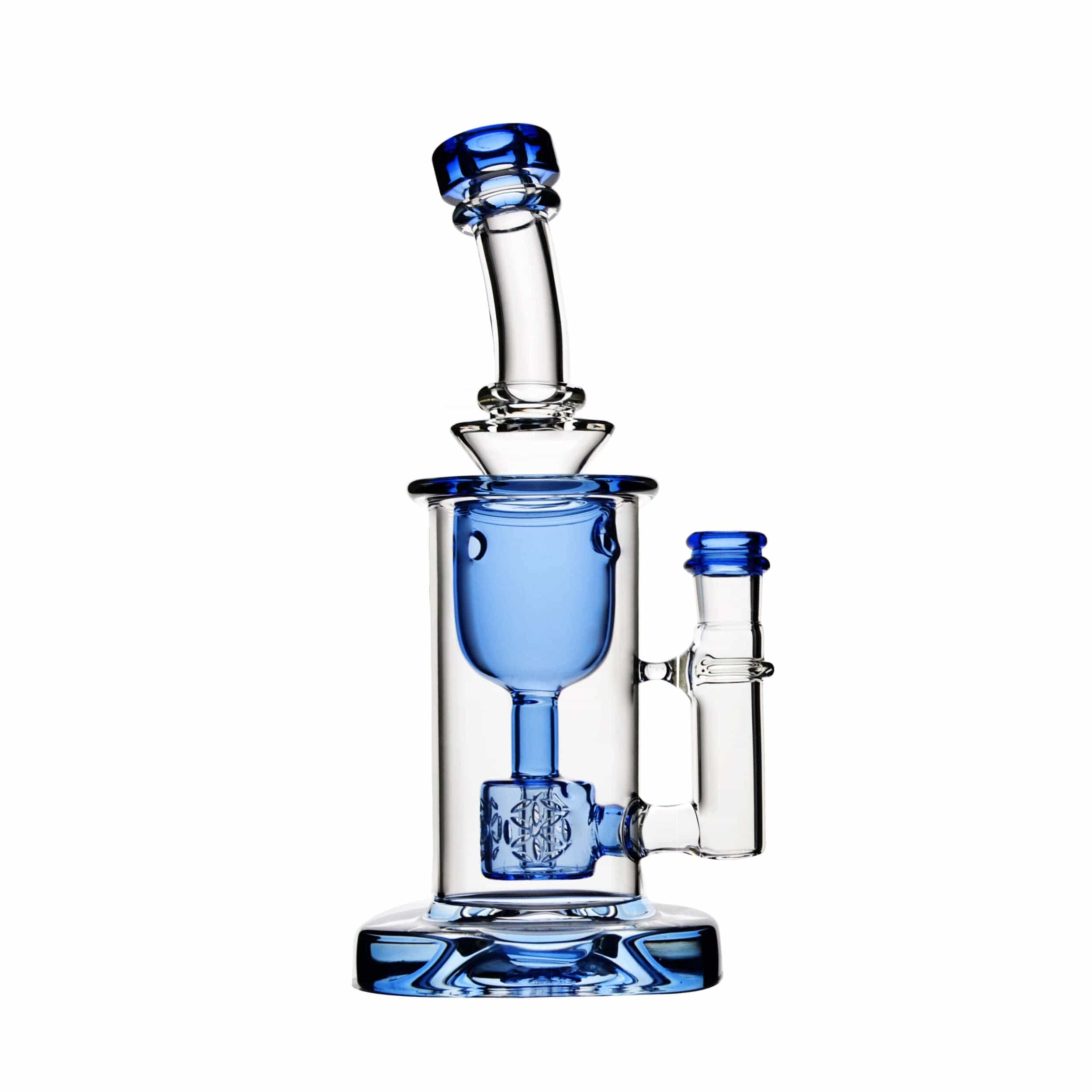 Front view of the COLORED TORUS, a blue glass piece with a rounded base and elongated neck, isolated on a white background.