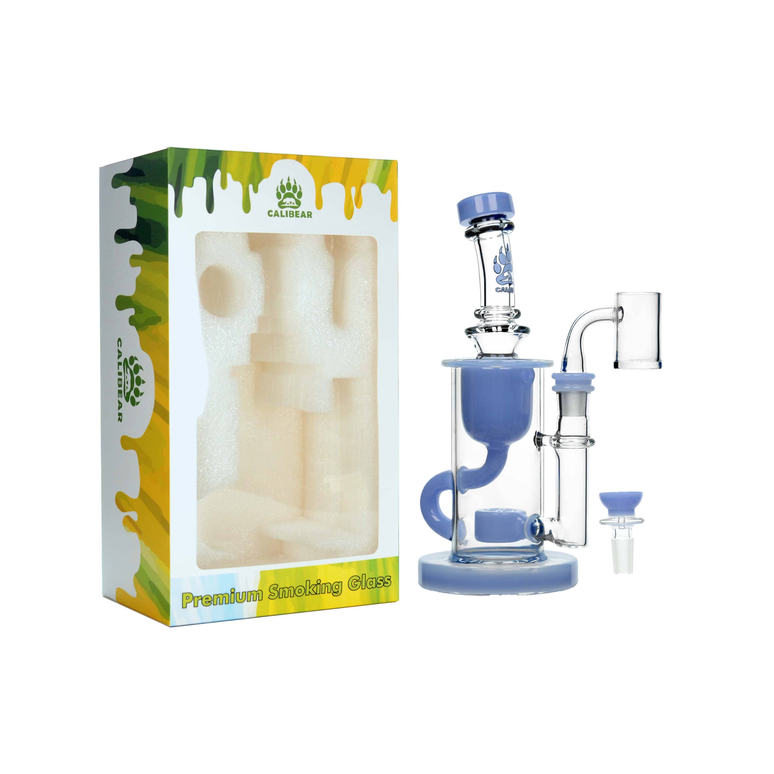A front view of the KLEIN RECYCLER, a clear glass recycler bong with multiple chambers, against a white background.
