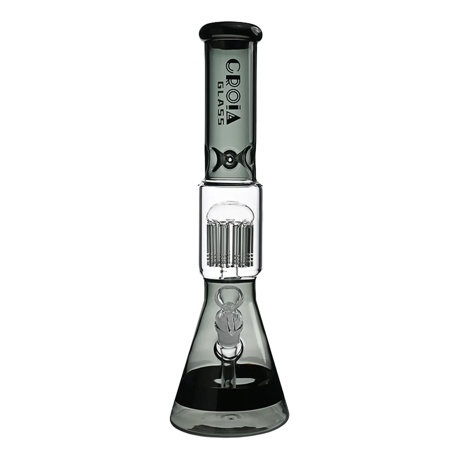 Vertical front view of the Croia Glass 15" Beaker Bong with Tree Perc and Ice Catcher showing its green-tinted straight neck, visible tree perc inside a clear chamber, and beaker base on a white background