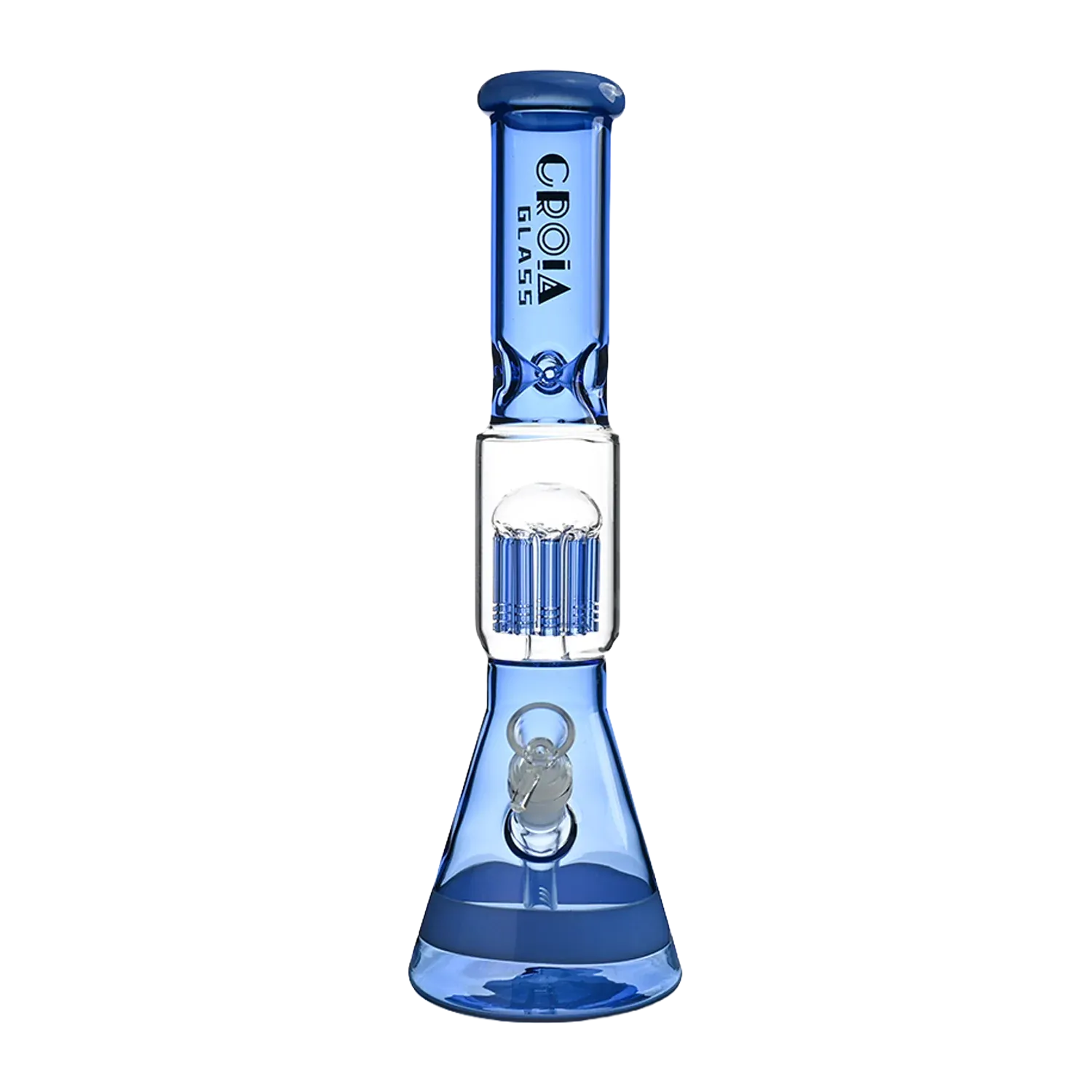 Center-frontal view of the blue Croia Glass 15" Beaker Bong with Tree Perc and Ice Catcher | Croia Glass showing its beaker base, clear tree percolator chamber, and straight neck with logo.