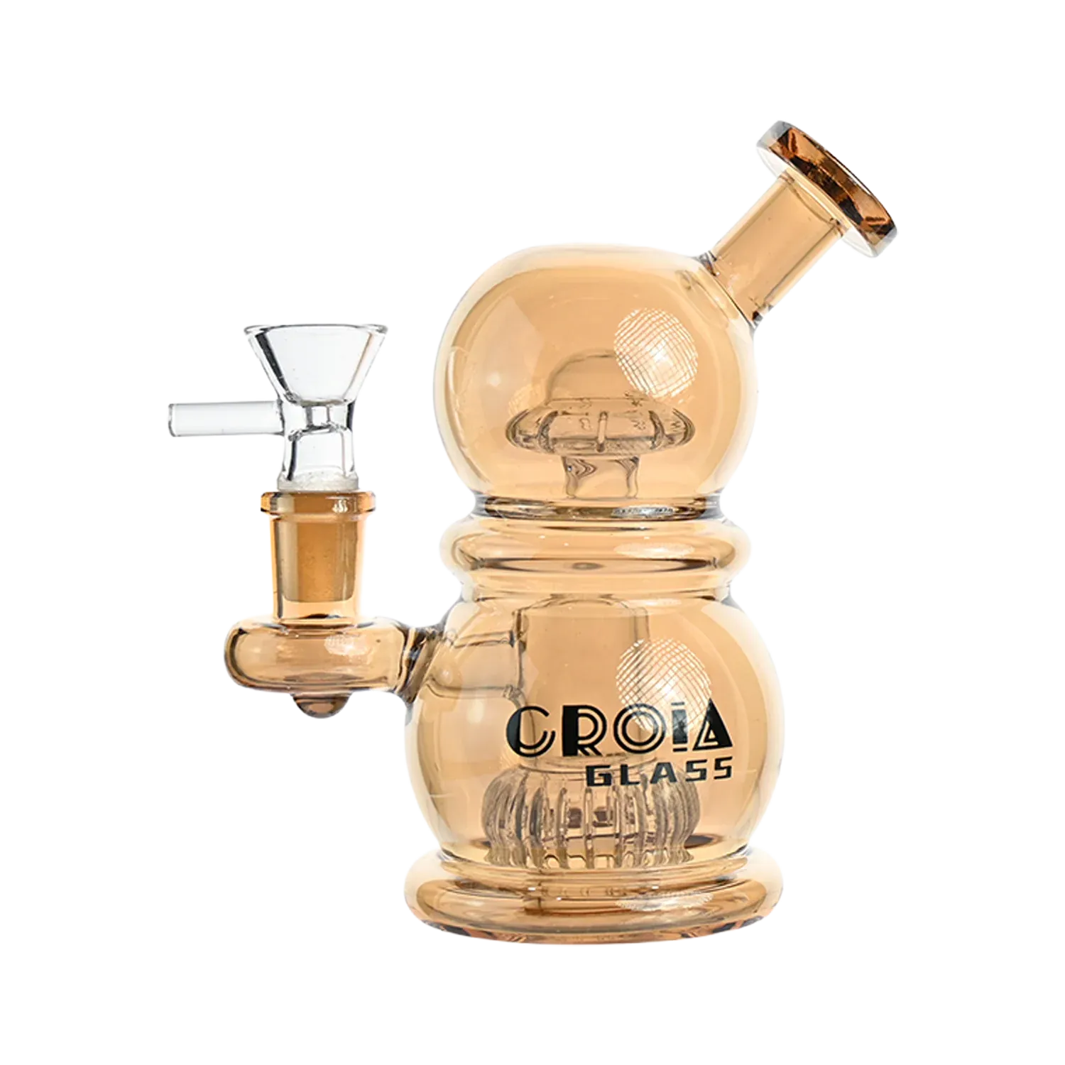 Three-quarter view of the Gold Croia Glass 6" Mini Egg Dab Rig with Crown Perc showing its amber glass double-bubble body, angled mouthpiece, side bowl and internal percolator.