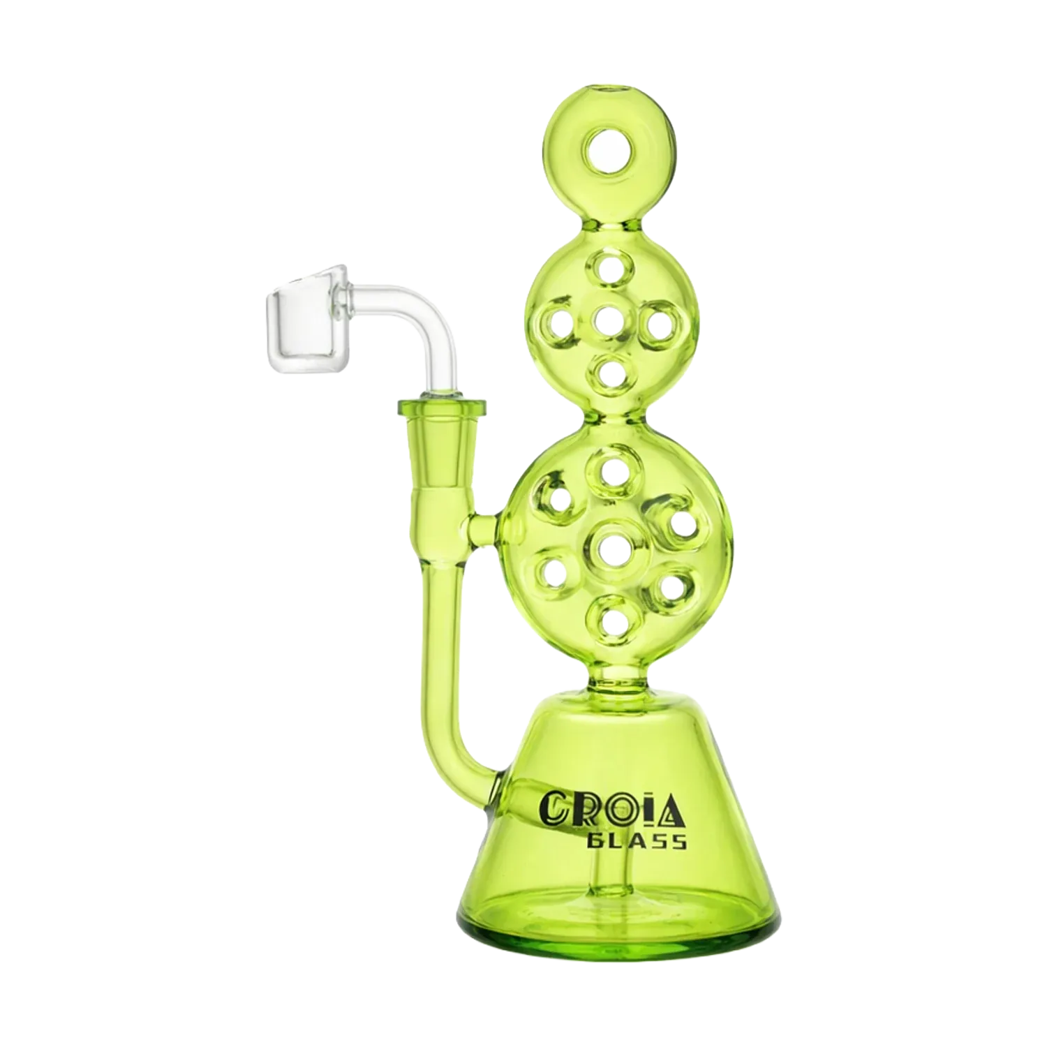 Right-side view of the purple Croia Glass 8" Triple Stack Swiss Perc Recycler Dab Rig showing stacked circular percs and clear banger.