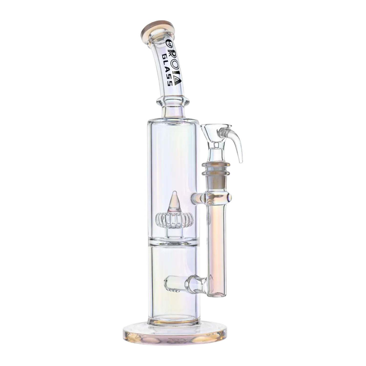Right-side close-up of the Croia Glass 10" Dual Chamber Scientific Bong with Inline and Rocket Perc showing its clear glass dual chambers, angled mouthpiece with logo, and attached downstem.