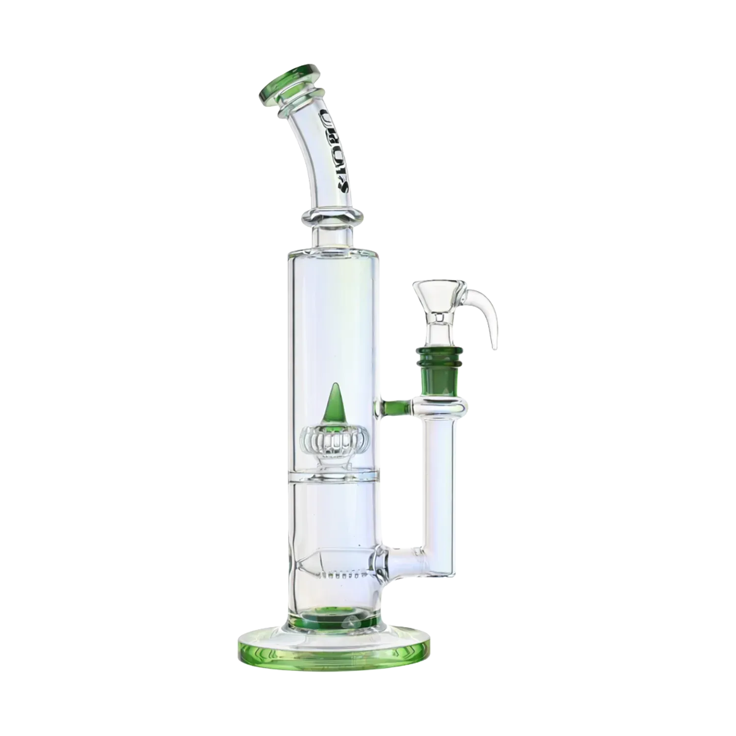 Side profile of the Croia Glass 10" Dual Chamber Scientific Bong with Inline and Rocket Perc showing clear glass with green accents and curved mouthpiece.