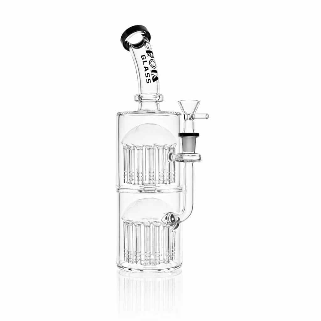 Right-side view of the Croia Glass 11" Double Tree Perc Scientific Glass Bong showing its clear dual-chambered stacked tree percs against a white background