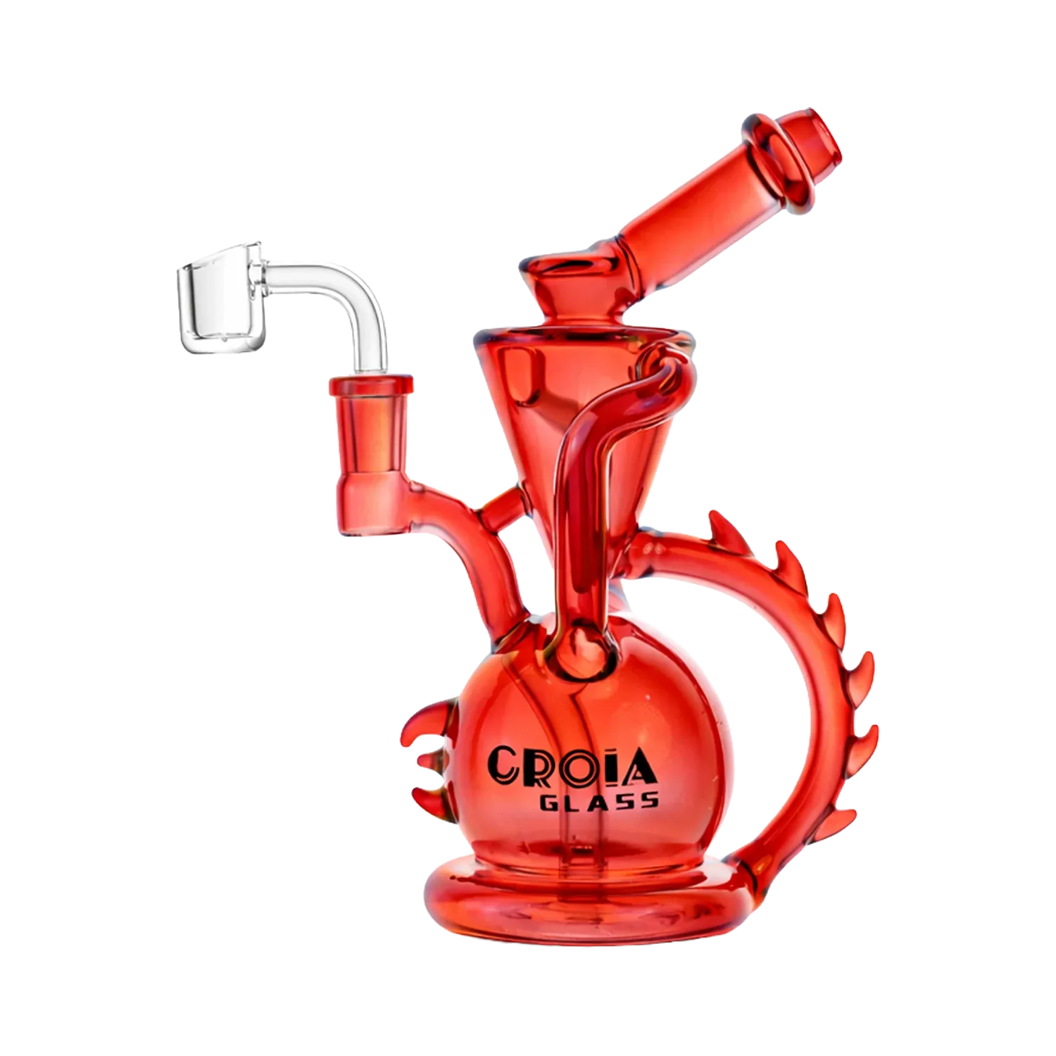 Angled close-up of the purple Croia Glass 10" Dragon Spine Recycler Dab Rig showing its spherical base, spiked circular handle and slanted mouthpiece against a white background