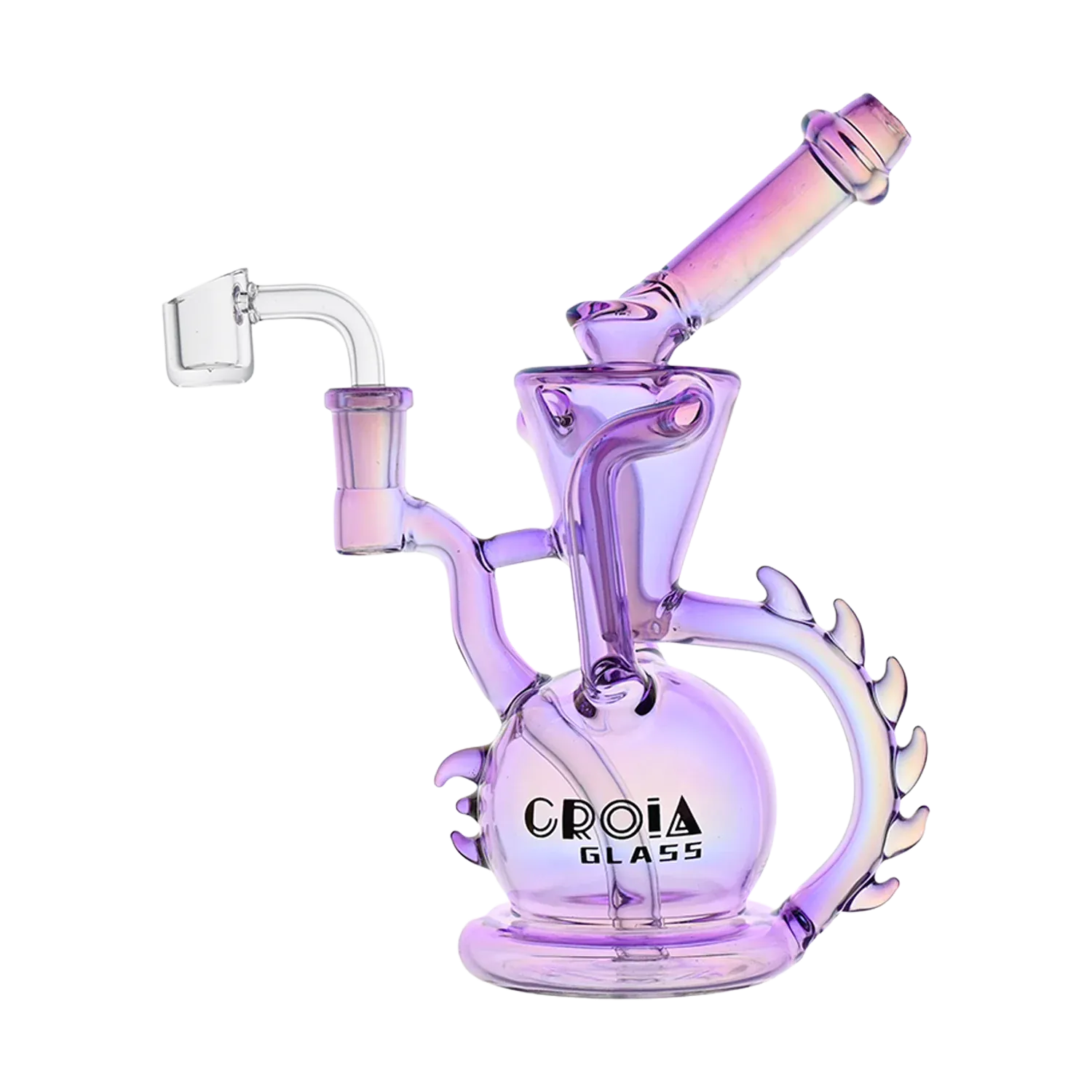 Angled close-up of the red Croia Glass 10" Dragon Spine Recycler Dab Rig showing its iridescent purple-red glass body, curved mouthpiece, and spined circular handle.