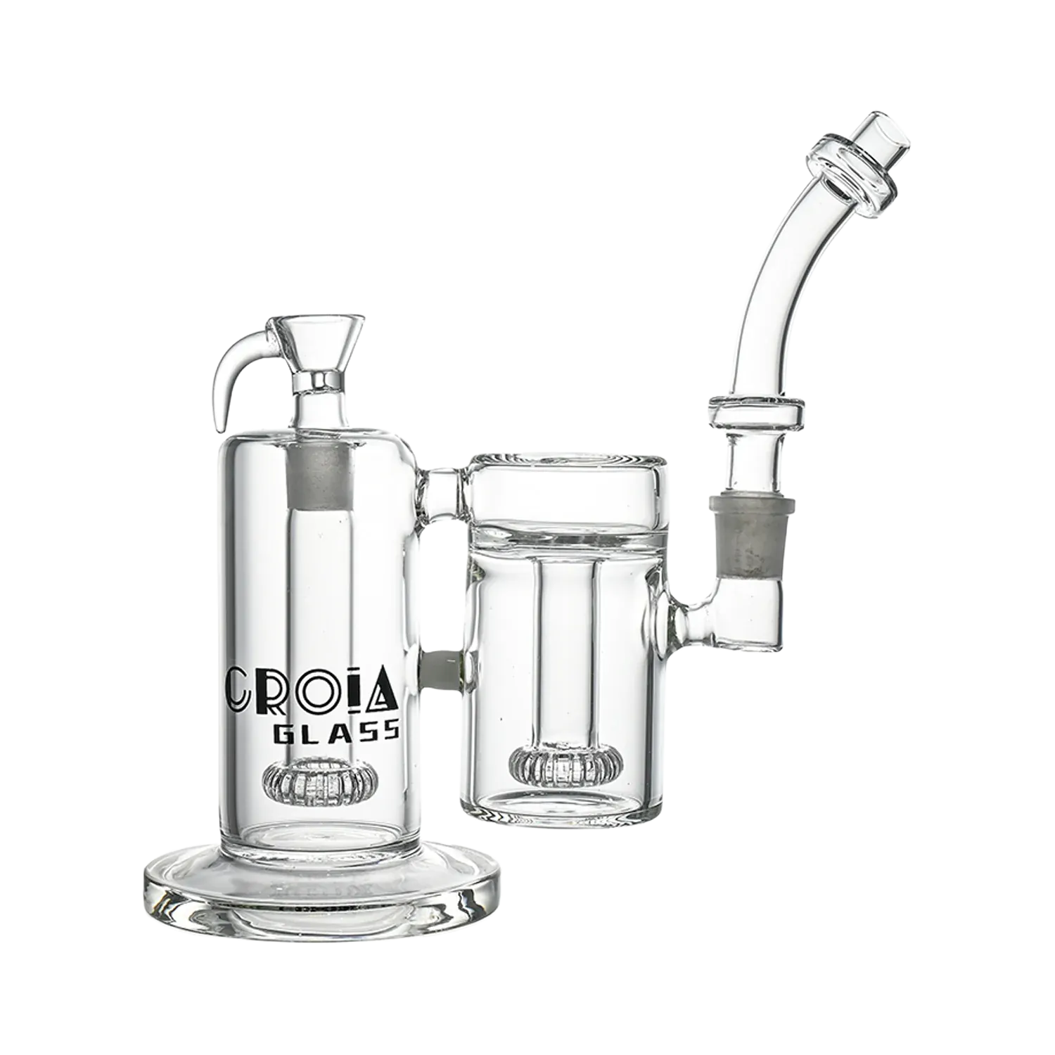 Close-up right-side profile of the clear Croia Glass 10" Dual-Chamber External Recycler Bong showing its twin chambers, curved mouthpiece, and logo on a white background