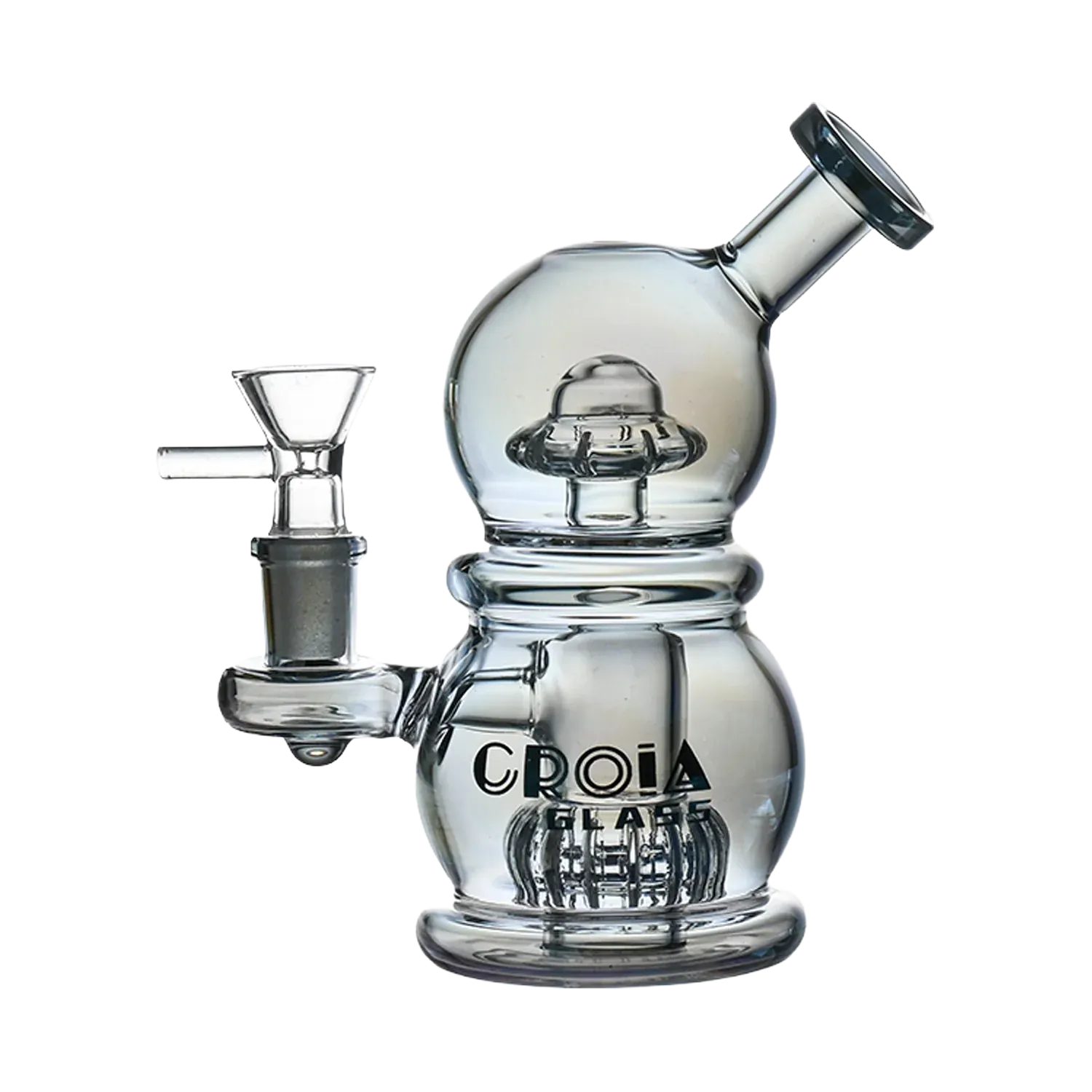 Side view of the Croia Glass 6" Mini Egg Dab Rig with Crown Perc showing the clear glass rounded chamber, angled mouthpiece, and attached bowl against a white background