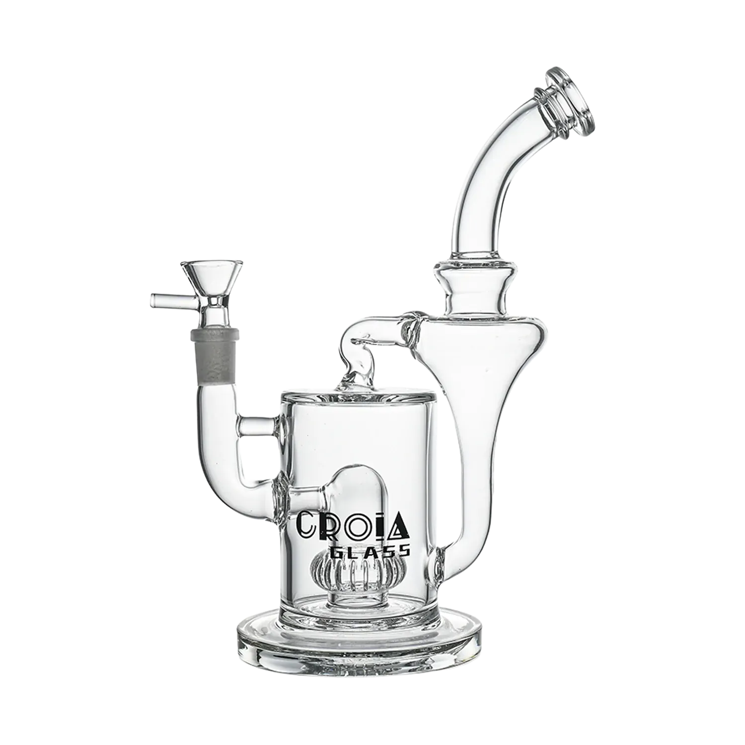 Studio-lit side view of the clear Croia Glass 10" Hourglass Recycler Scientific Bong with Crown Perc showing its curved neck and chamber.