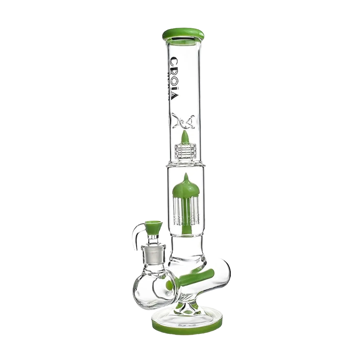 Vertical studio shot of the Croia Glass 17" Triple Perc Scientific Glass Bong | Croia Glass showing clear glass with green accents, triple percolators, and branded neck.