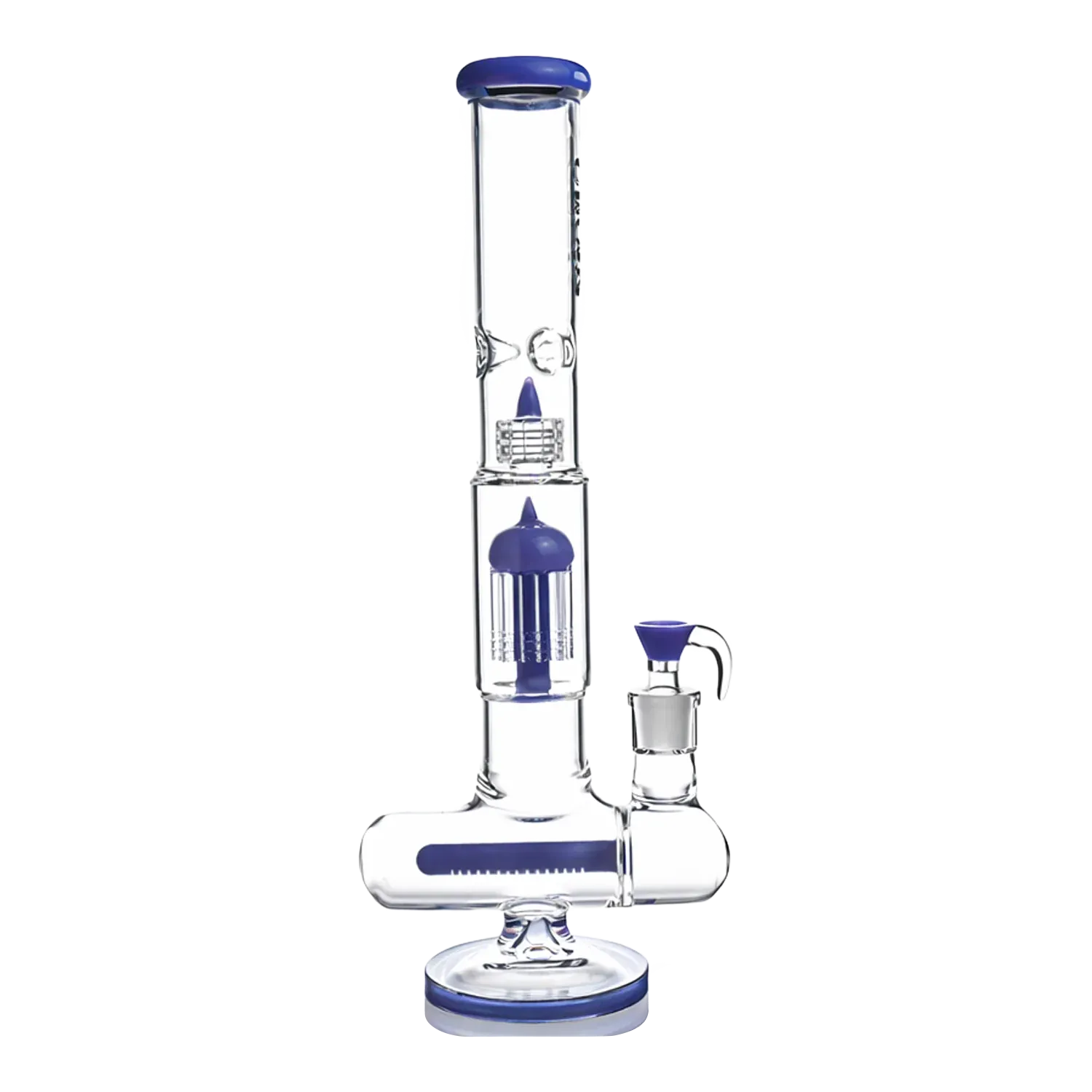 Center-frontal view of the Croia Glass 17" Triple Perc Scientific Glass Bong showing clear glass with pinkish-purple accents on the mouthpiece, percolators, and base against a white background