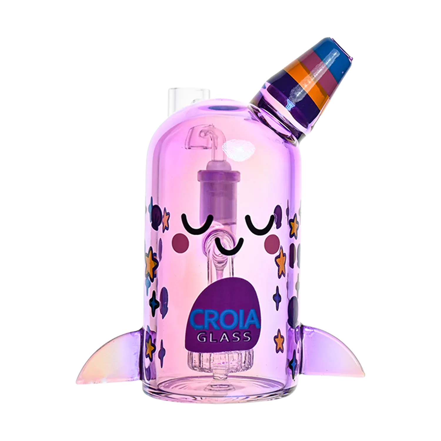 Close-up front view of the iridescent purple Croia Glass Cute Narwhal Dab Rig – Mini Showerhead Perc Rig | Croia Glass with a striped angled mouthpiece and smiling face decal.